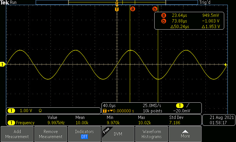 Figure 1 - IV amplitude, 10kHZ sine wave 
